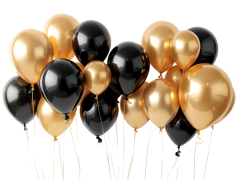 Gold and black colored balloons isolated on white or transparent png