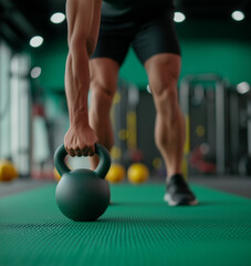 Mascular man holding a ketlebell