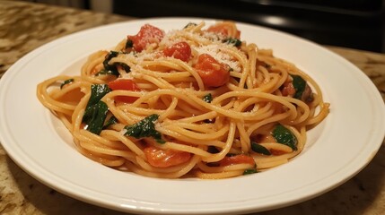 Homemade Tomato Basil Spaghetti with Fresh Sauce and Parmesan on a Plate