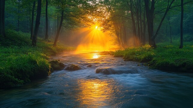 Golden Sunrise Illuminating a Sparkling Stream Through a Lush Green Forest with Gentle Mist Rising in the Early Morning Light