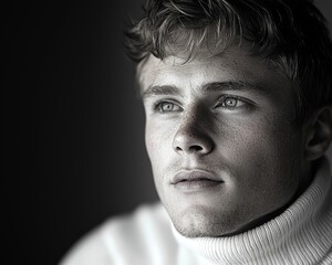 Pensive Gaze in Minimalist High Key Portrait of Man in Turtleneck
