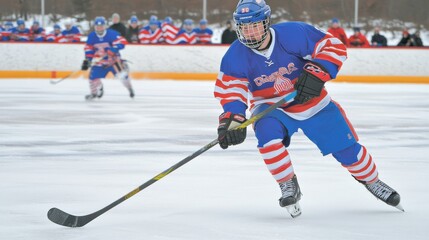 Youth hockey player skating on outdoor rink, teammates in background, winter sports action