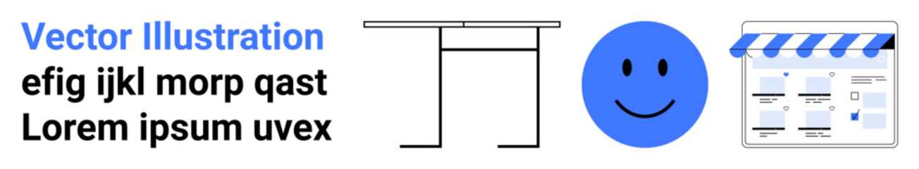Blue happy face, minimalist table outline, and browser window layout with blue accents, accompanied by placeholder text. Ideal for web design, UIUX, digital content, e-commerce, online shops