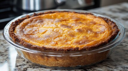 Homemade Sweet Potato Pie Freshly Baked with Golden Crust on Kitchen Counter