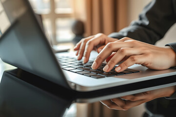 Close-up of Businessman Hands Typing on Laptop Computer Keyboard in Modern Office, Freelancer or Business Professional Working on Internet Connection Technology with Natural Light Reflection on Desk