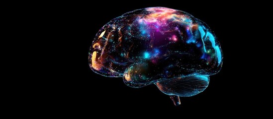 Holographic Brain Concept Representing Artificial Intelligence with Colorful Cosmic Elements and Space for Text Overlay
