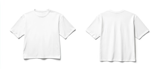 Collection of blank white short sleeve t-shirts displayed from front and back views isolated on white background with ample empty space for text