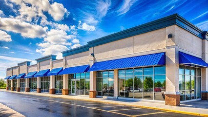 Obraz premium Aerial View of Retail Strip Mall Store with Blue Curtains - Drone Photography