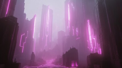 Futuristic Cityscape: Neon Glow in a Misty Metropolis