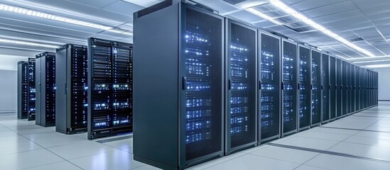 High tech server racks in a modern data center with ample copy space for customizable text and branding opportunities