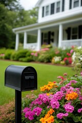Black Mailbox Surrounded by Colorful Flowers in Front Yard