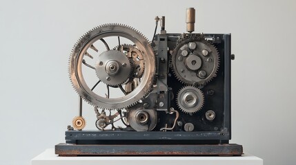 100. A mechanical electrical device with exposed gears and wiring, displayed against a white surface