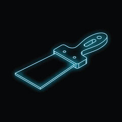 Putty knife with glowing neon light effect on black background, isometric view