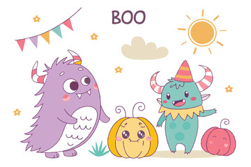 Cute cartoon monsters, colorful creatures, hand-drawn style, playful characters, various shapes and sizes, friendly expressions, purple, pink, blue, green, orange, yellow accents, fluffy textures, hor