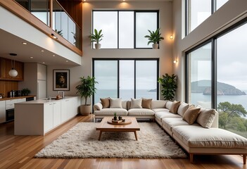 Fototapeta premium Modern White Living Room Interior, Plush Beige Sofas, Cloudy Exterior, Panoramic Ocean View, Minimalist Design, Open Kitchen, Wooden Details, Peaceful Atmosphere, No Text.