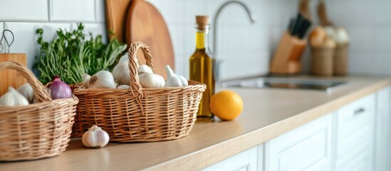 Fototapeta premium Bright and Inviting Kitchen Interior with Wooden Cupboard Fresh Vegetables and Olive Oil on Countertop Natural Light and Cozy Atmosphere
