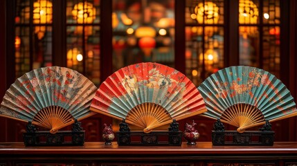 Chinese fans displayed, shop, lanterns, night, decor
