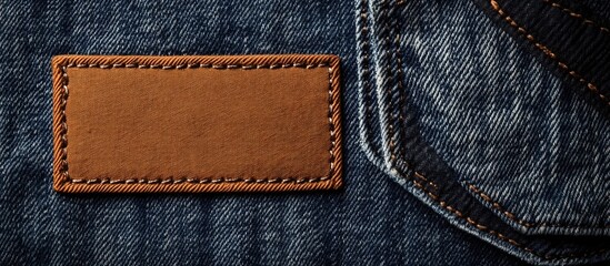 Blank woven label on denim fabric with empty copyspace for branding or text placement on light background suitable for fashion design templates