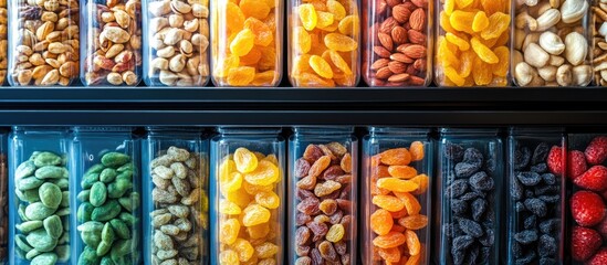 Healthy vending machine stocked with assorted dried fruits and nuts featuring clear space for promotional text or advertisements