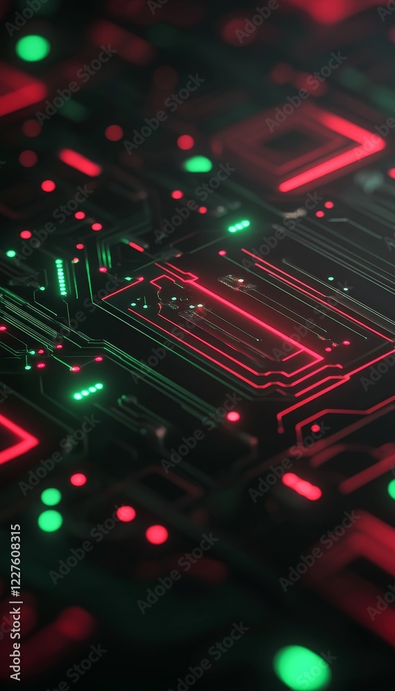 Poster abstract circuit board design with intricate lines and glowing elements on a dark background