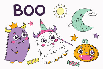 Obraz premium Cute cartoon monsters, colorful creatures, hand-drawn style, playful characters, various shapes and sizes, friendly expressions, purple, pink, blue, green, orange, yellow accents, fluffy textures, hor