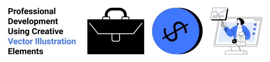 Black briefcase, dollar symbol, digital tools on the monitor. Ideal for finance, business strategy, career development, e-learning, online tools entrepreneurship digital marketing. Flat landing