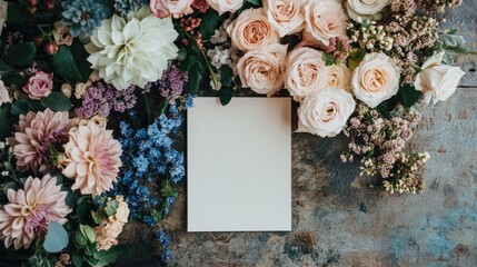 Romantic wedding suite mockup with save the date card surrounded by delicate flowers in a bohemian natural light setting