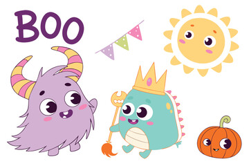 Cute cartoon monsters, colorful creatures, hand-drawn style, playful characters, various shapes and sizes, friendly expressions, purple, pink, blue, green, orange, yellow accents, fluffy textures, hor