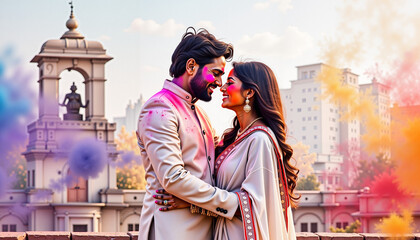 Obraz premium Couple joyfully embracing amid Holi colors on rooftop, festive romance