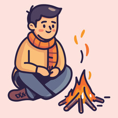 A cartoon of a boy sitting in front of a fire vector illustration 