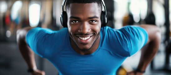 Fototapeta premium Young man smiling with headphones engaged in exercise during football practice in gym with space for text and dynamic background action.