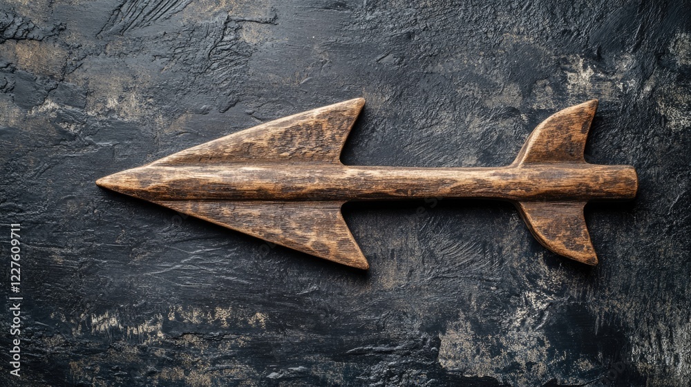 Poster Wooden arrow symbolizing direction on a dark textured background with ample empty space for text and design elements