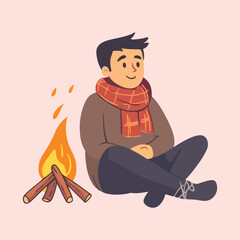 A cartoon of a boy sitting in front of a fire vector illustration 