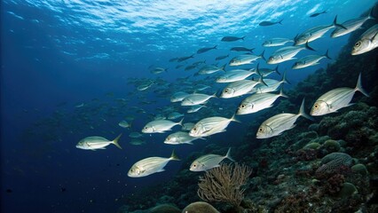 School of fish swimming near the dark blue ocean surface, blue ocean, aquatic animals, ocean floor, fish swim