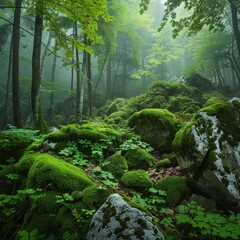 A lush forest scene with moss-covered rocks and vibrant greenery, enveloped in soft mist and dappled sunlight, creating a tranquil and mystical atmosphere