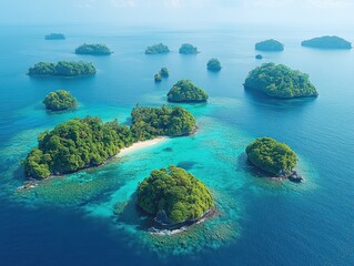 Fototapeta premium Aerial View of a Tropical Archipelago with Lush Green Islands and Clear Turquoise Waters