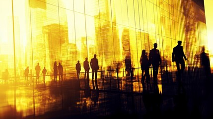 Fototapeta premium Silhouetted Figures Against Urban Glass Buildings in Golden Light