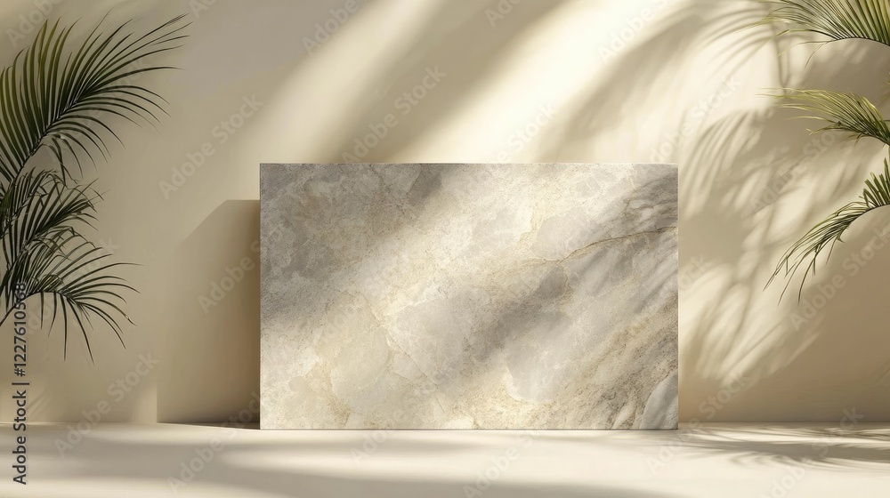 Poster horizontal marble display mockup with neutral tones and clean lines casting hard shadows, complement
