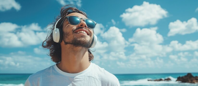 Joyful young man wearing headphones enjoying music by the sea with a bright blue sky and empty space for your text and designs.