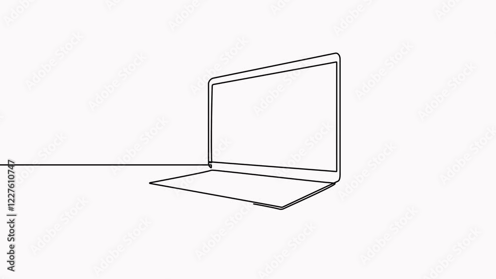 Poster animated laptop continuous line drawing video. open computer linear gadget animation. side view.