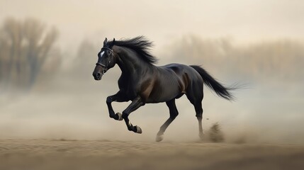Fototapeta premium Majestic Black Horse Galloping Through Dusty Terrain During Training Session