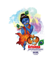 Illustration of happy Janmashtami Lord Krishna in Janmashtami festival of India with hindi calligra.