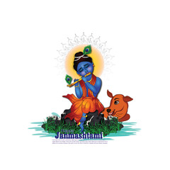Illustration of happy Janmashtami Lord Krishna in Janmashtami festival of India with hindi calligra.