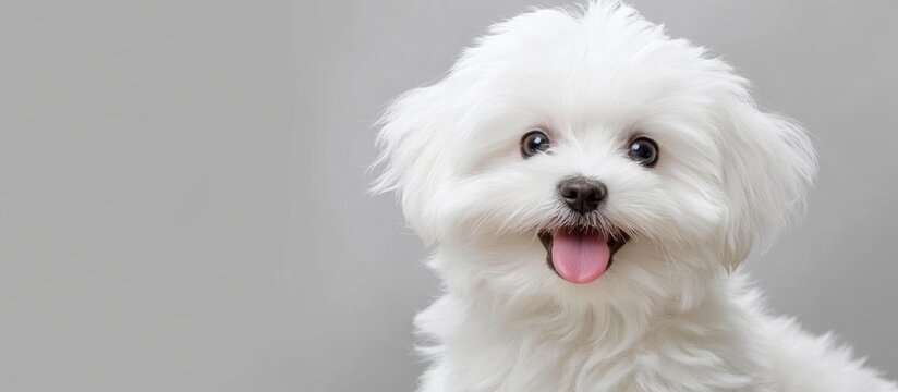Playful fluffy white dog joyfully posing with tongue out against a soft gray background ideal for text or branding placement