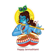 Illustration of happy Janmashtami Lord Krishna in Janmashtami festival of India with hindi calligra.