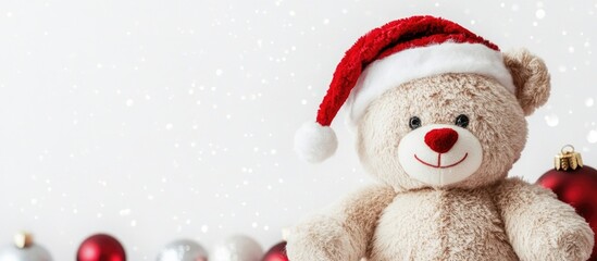 Teddy Bear Plush Toy in Christmas Hat on White Background with Decorative Ornaments and Empty Space for Text
