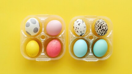 Colorful decorated Easter eggs and quail eggs in clear cartons on a vibrant yellow background flat lay top view festive spring image