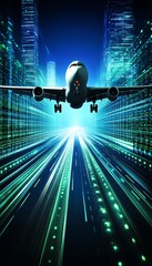 Fototapeta premium Abstract Transportation and Logistics Concept, Airplane in City with Motion Blur, Blue and Green