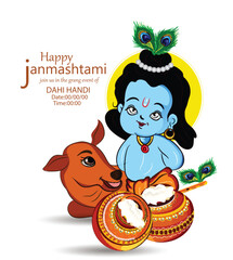 Illustration of happy Janmashtami Lord Krishna in Janmashtami festival of India with hindi calligra.