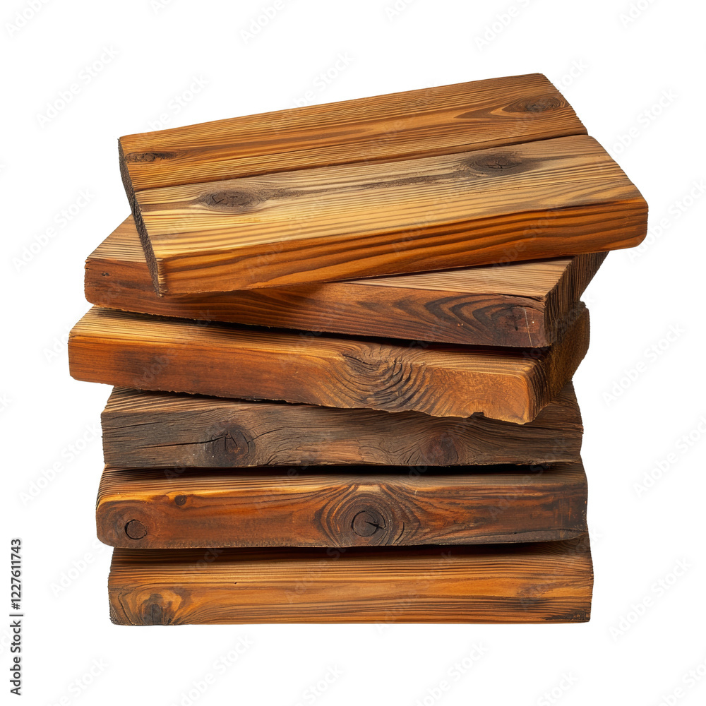 Leinwandbilder a stack of rustic brown wooden planks with visible grain and texture is isolated against a black bac